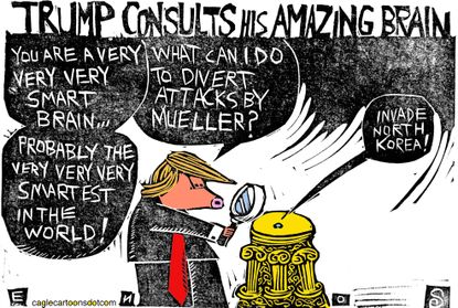 Political cartoon U.S. Trump evil queen brain Mueller North Korea