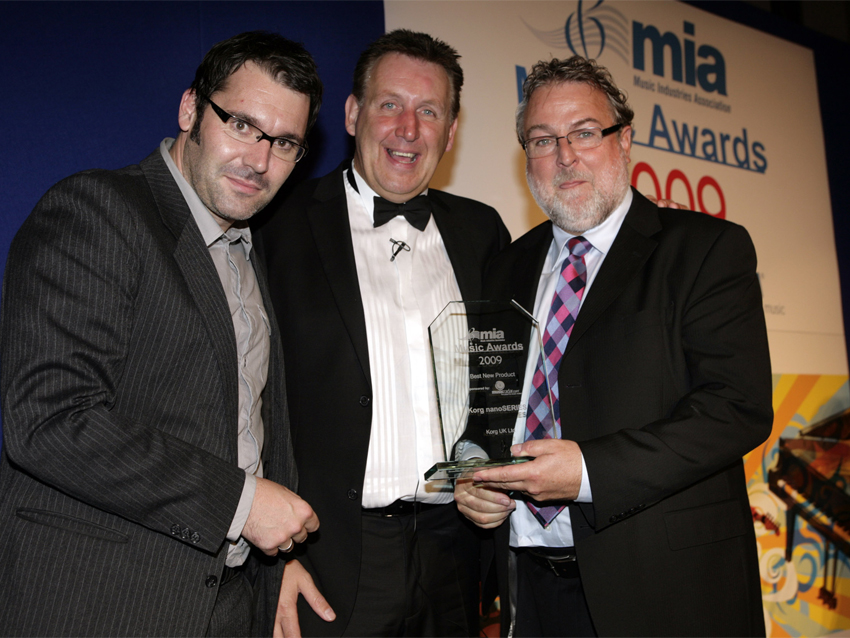 From left to right: MusicRadar&#039;s Editor-In-Chief Mike Goldsmith, MIA President Jon Gold and Korg Managing Director Rob Castle