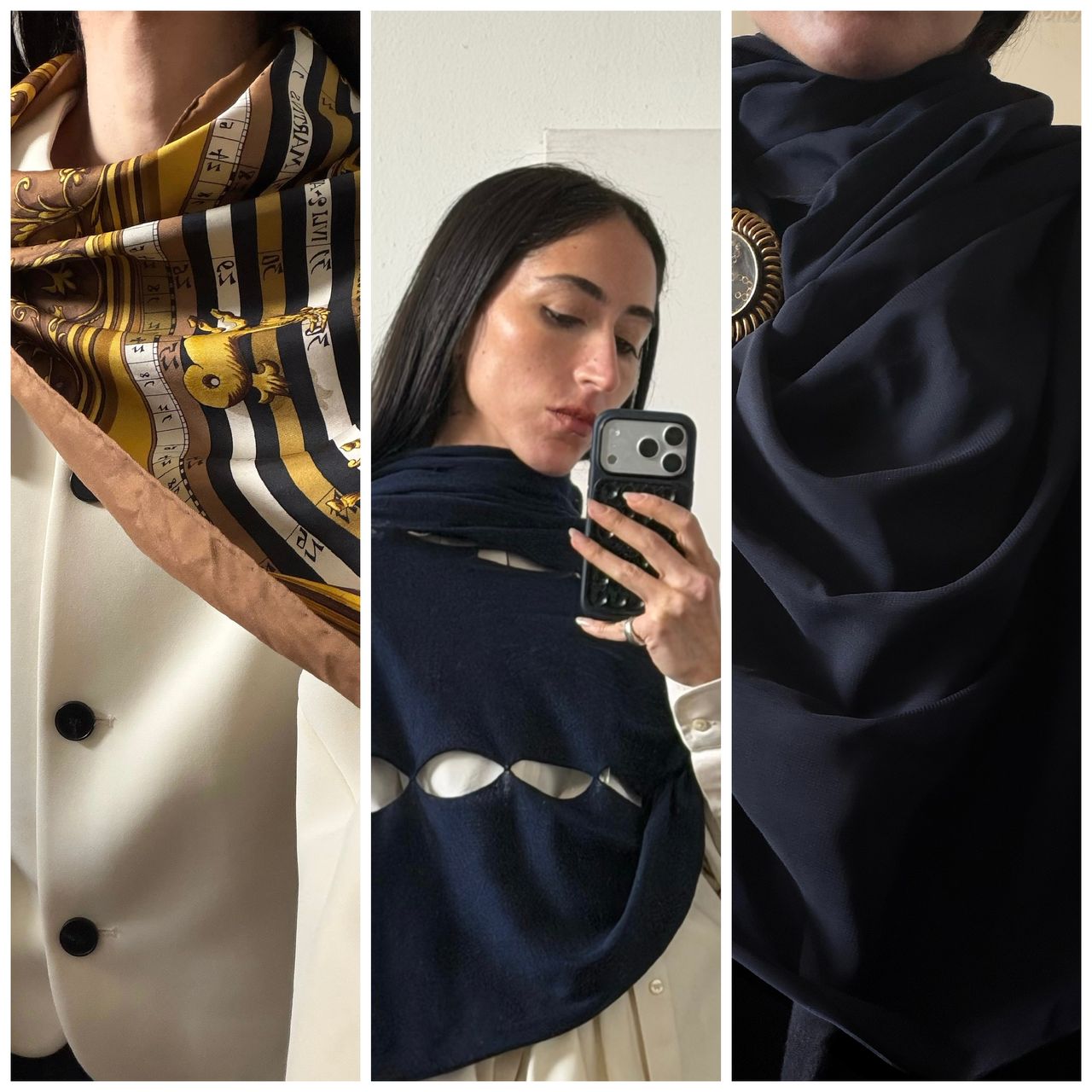 collage of Alexis Badiyi wearing scarves