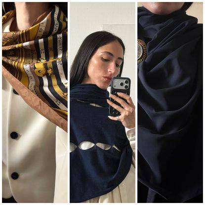 collage of Alexis Badiyi wearing scarves