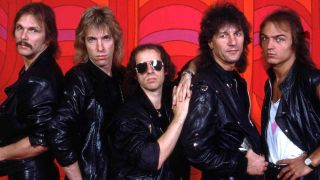 Scorpions posing for a photograph in leather outfits in 1984