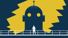 An illustration of a scientist standing in front of a huge robot head.