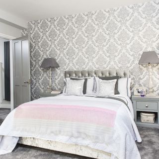 grey hotel style bedroom makeover