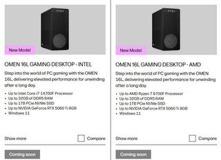 Screenshot of HP Omen 16L listings on HP website