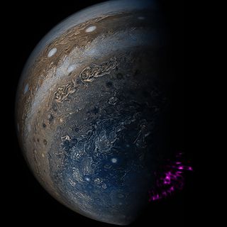 This composite image shows Jupiter's south pole as seen in optical wavelengths by NASA's Juno spacecraft. X-ray observations of the pole's auroras are shown in purple based on data from the Chandra and XMM-Newton space telescopes.