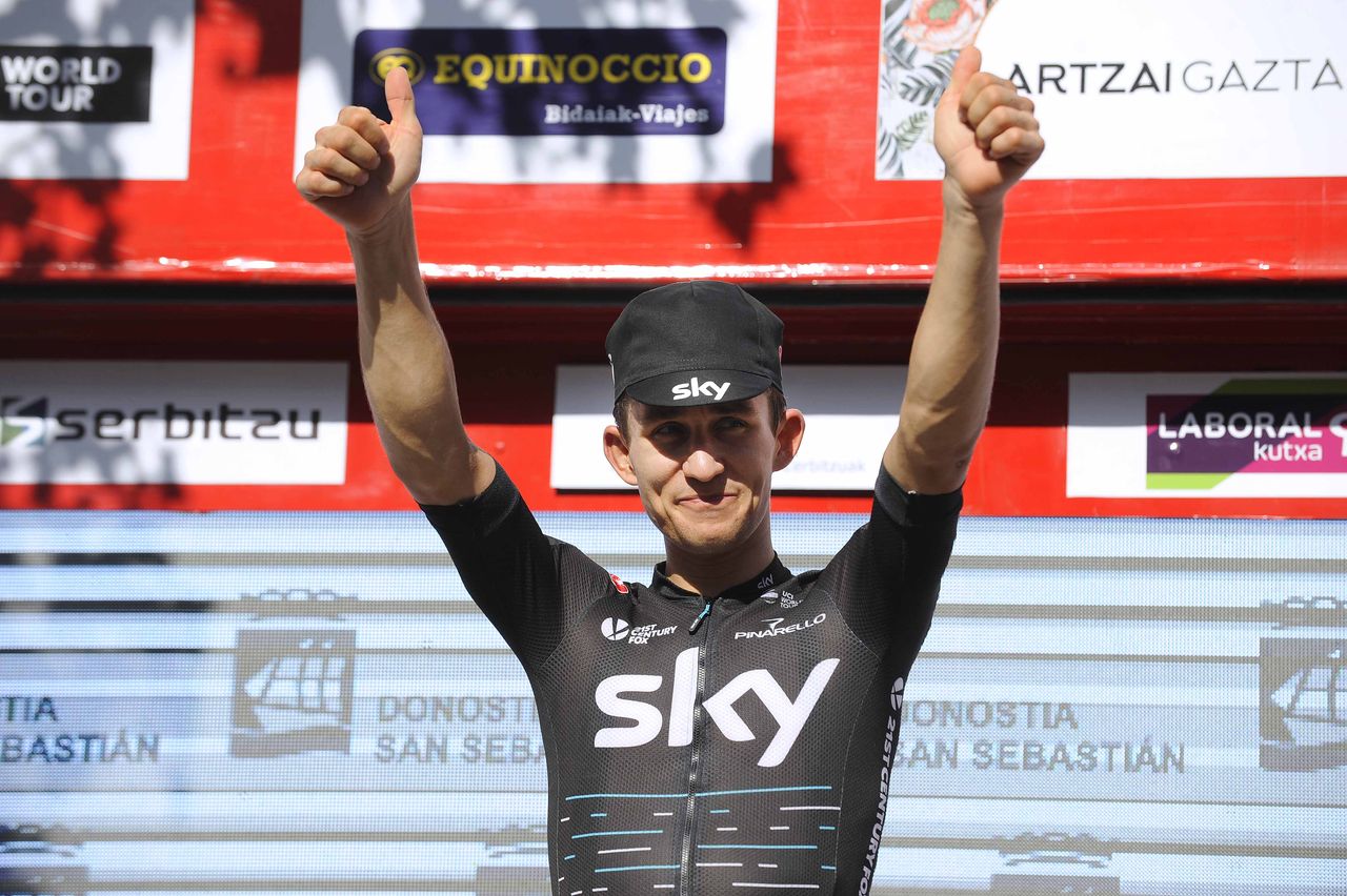 Michal Kwiatkowski on the podium after winning the Clasica San Sebastian
