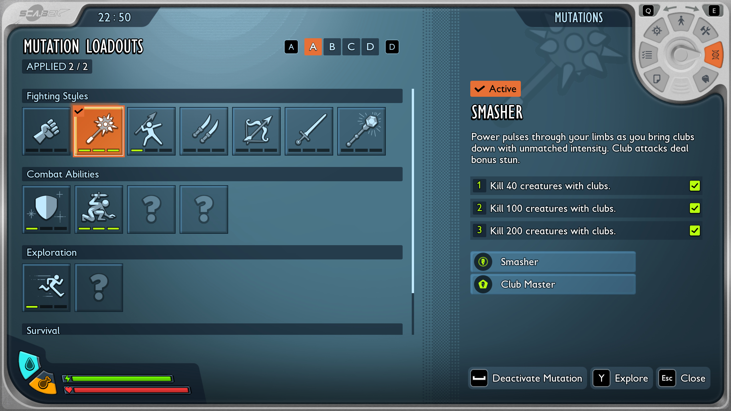 Grounded 2 tips: The Smasher perk in the mutation menu, alongside the icons of various other mutations.