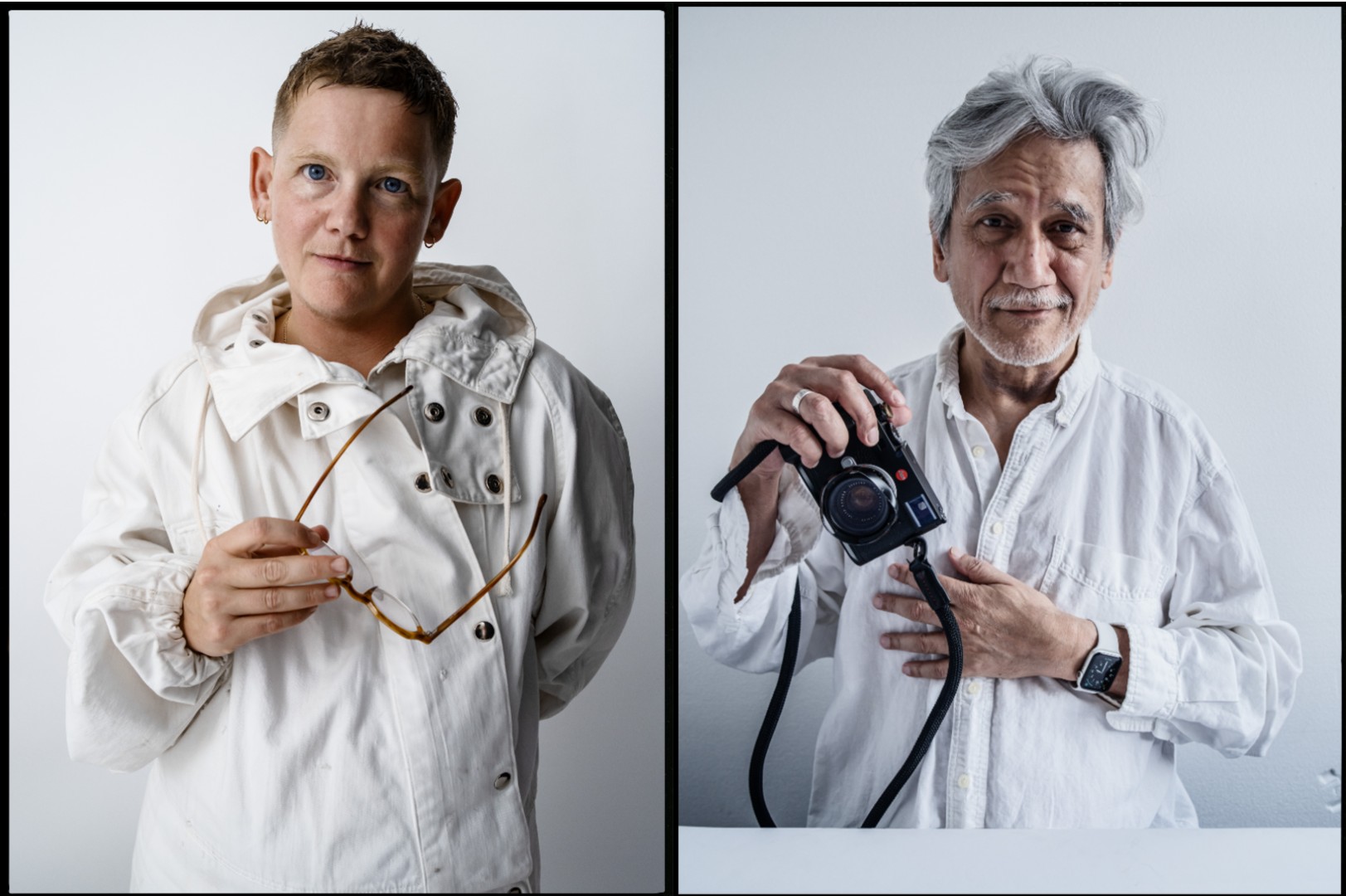 Portraits of Kae Tempest and Sunil Gupta dressed in white against a white background