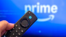 Amazon Fire TV Remote pointing at Prime Video app on a TV screen