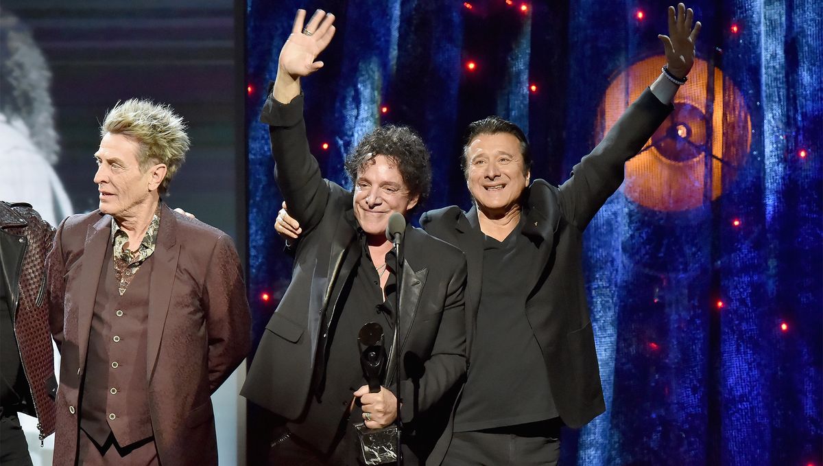 NEW YORK,NY - APRIL 07: (L-R) Inductees ross Valory,Neal Schon,and Steve Perry of Journey onstage at the 32nd Annual Rock & Roll Hall Of Fame Induction Ceremony at Barclays Center on April 7,2017 in New York City.