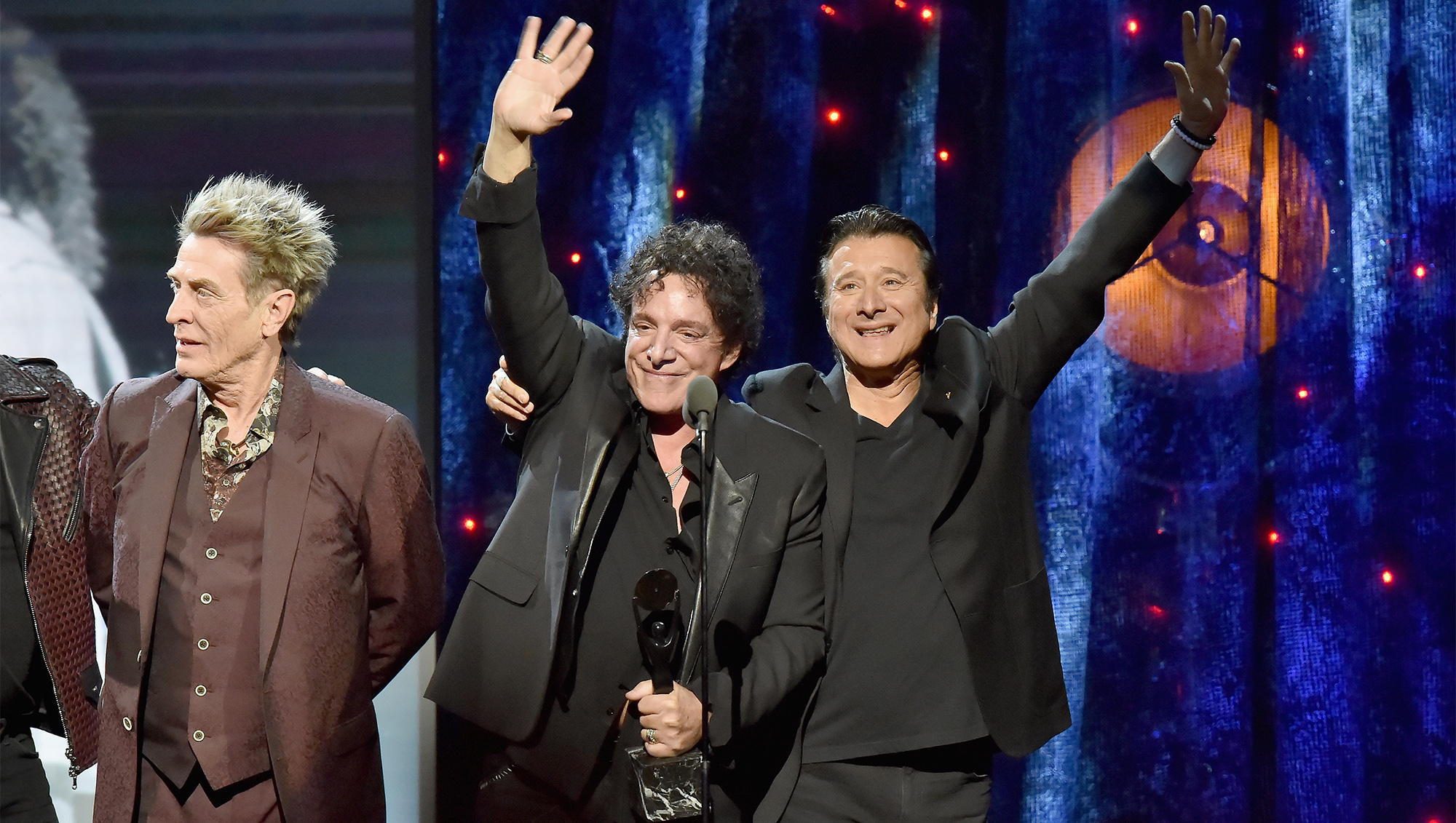 NEW YORK, NY - APRIL 07: (L-R) Inductees Ross Valory, Neal Schon, and Steve Perry of Journey onstage at the 32nd Annual Rock &amp;amp; Roll Hall Of Fame Induction Ceremony at Barclays Center on April 7, 2017 in New York City. The event will broadcast on HBO Saturday, April 29, 2017 at 8:00 pm ET/PT