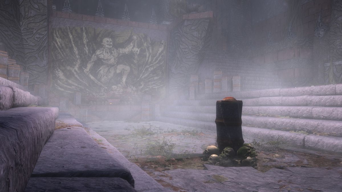 Pedestal before artistic rendering of Malacath in temple ruins in Skywind