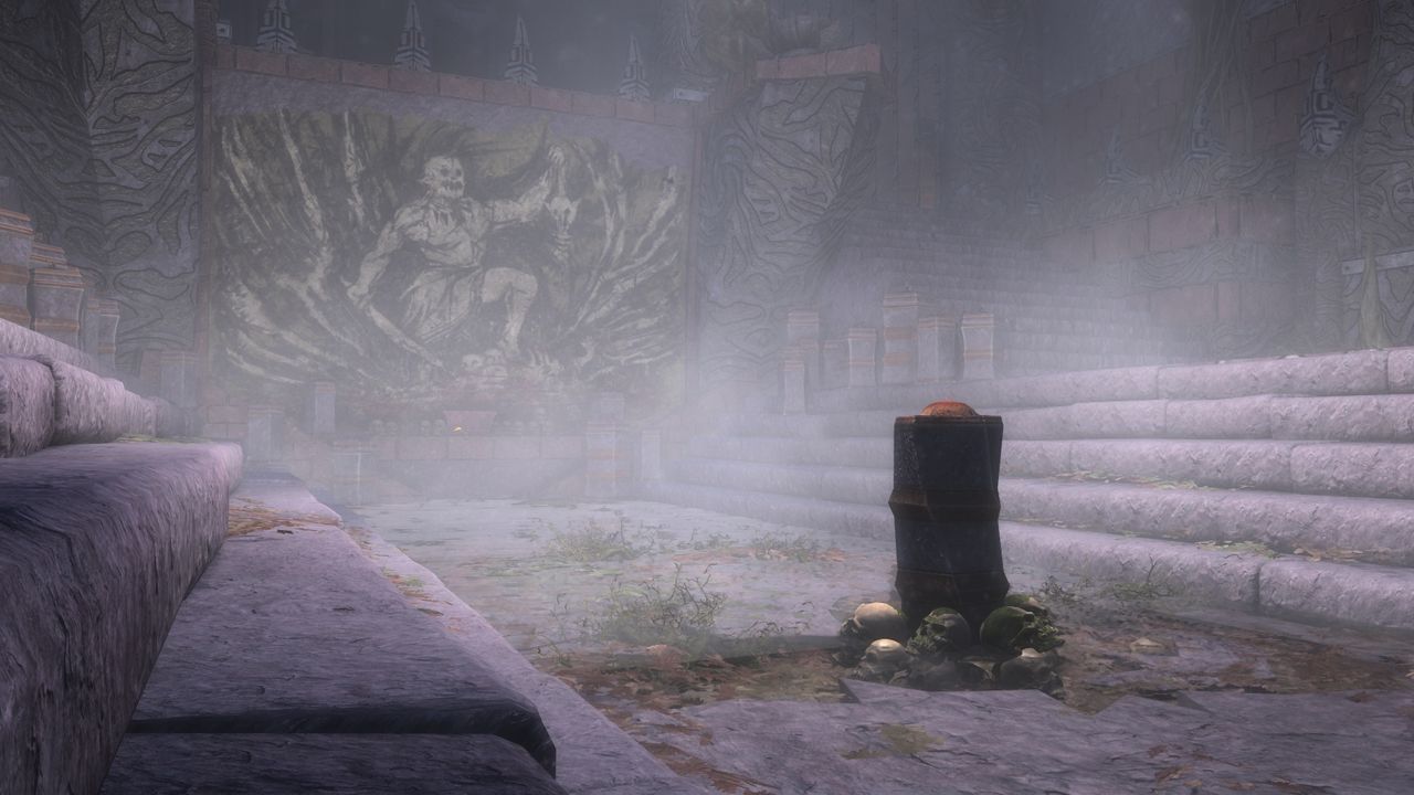 Pedestal before artistic rendering of Malacath in temple ruins in Skywind