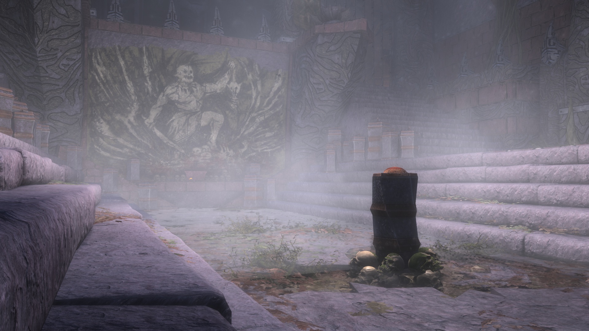 Pedestal before artistic rendering of Malacath in temple ruins in Skywind