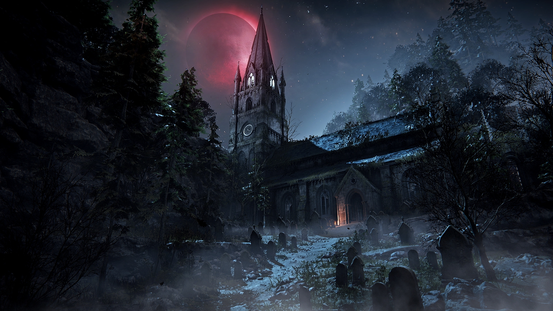 A cathedral in The Duskbloods, bathing under a crimson moonlight. Gravestones populate the foreground