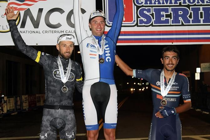 Men&rsquo;s podium: 2nd place Christian Grasmann (MalolaPushbiker-Fuji), 1st place Adrian Hegyvary (UnitedHealthcare Pro Cycling), 3rd place Andres Alzate (Champion Systems)