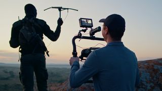 Sean Viljoen using the Blackmagic Pyxis 6K to capture a ranger holding an aerial