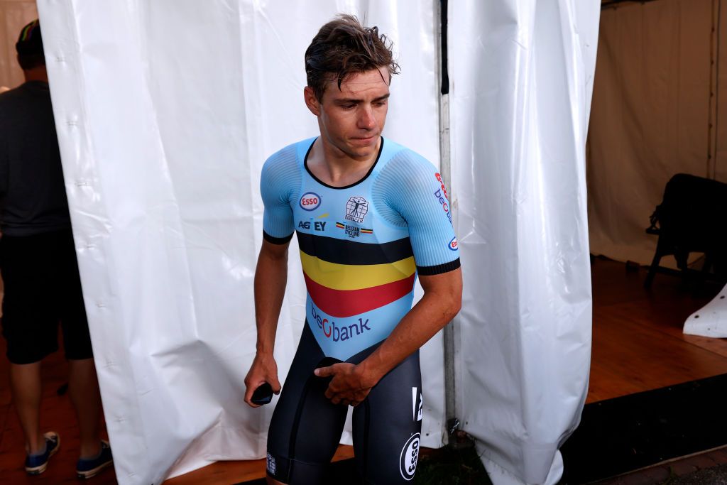 WOLLONGONG AUSTRALIA SEPTEMBER 18 Remco Evenepoel of Belgium reacts after the 95th UCI Road World Championships 2022 Men Individual Time Trial a 342km individual time trial race from Wollongong to Wollongong Wollongong2022 on September 18 2022 in Wollongong Australia Photo by Con ChronisGetty Images