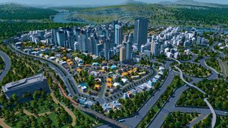 A vibrant city in a valley in Cities: Skylines