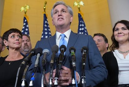Kevin McCarthy speaks to the press after dropping out of the race for House Speaker.
