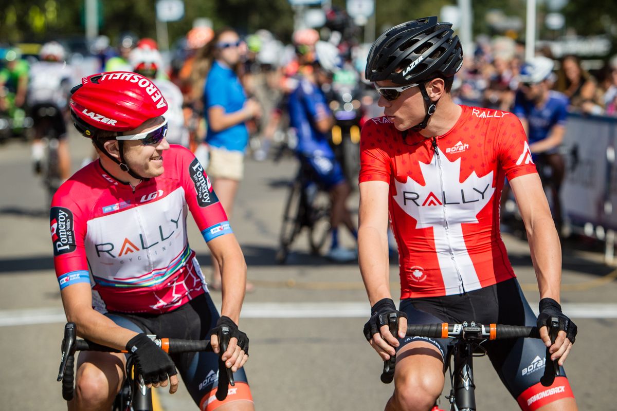 Rally Canadians Rob Britton and Matteo Dal-Cin at the start of stage 2 at the Tour of Alberta