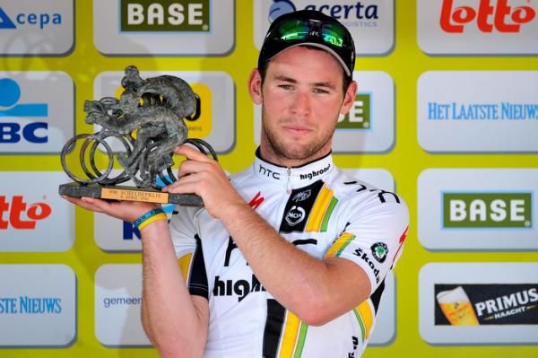 Mark Cavendish hoists up his third Scheldeprijs trophy