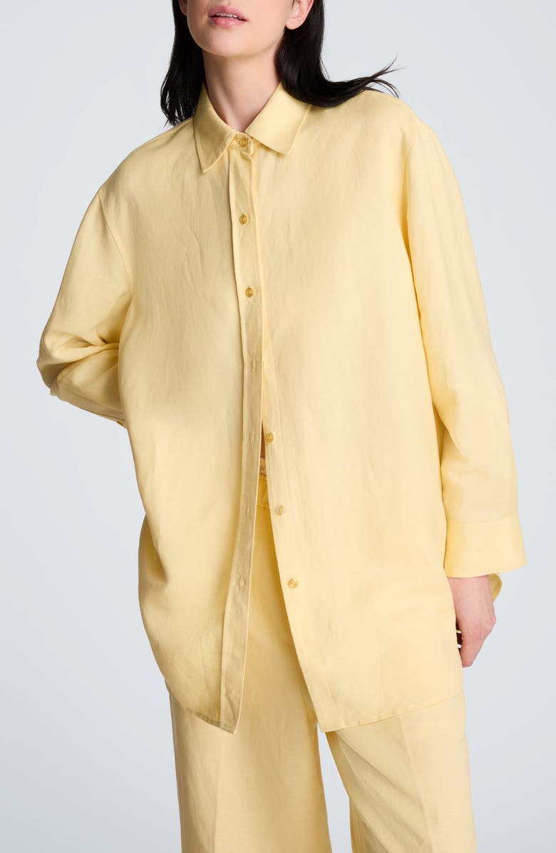 Long Linen Blend Button-Up Shirt