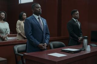 Roger White (Aml Ameen) and Conrad Hensley (Jon Michael Hill) at court, with their wives Henrietta (Jerrika Hinton) and Jill (Chanté Adams) behind them, in the A Man in Full finale.