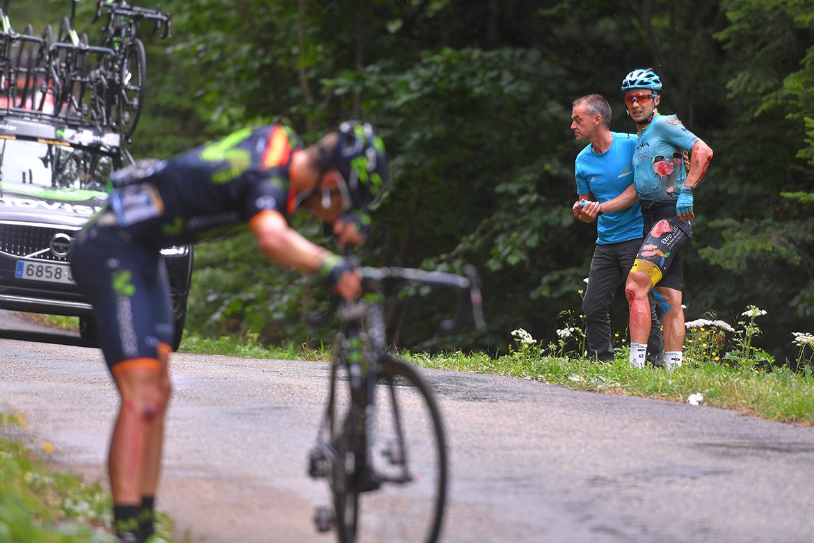 Alexey Lutsenko after a crash at the Tour de France