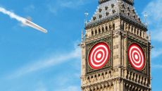 Illustration of an Iranian missile approaching Big Ben with the clock faces replaced with targets