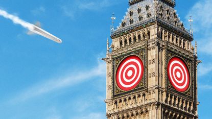 Illustration of an Iranian missile approaching Big Ben with the clock faces replaced with targets