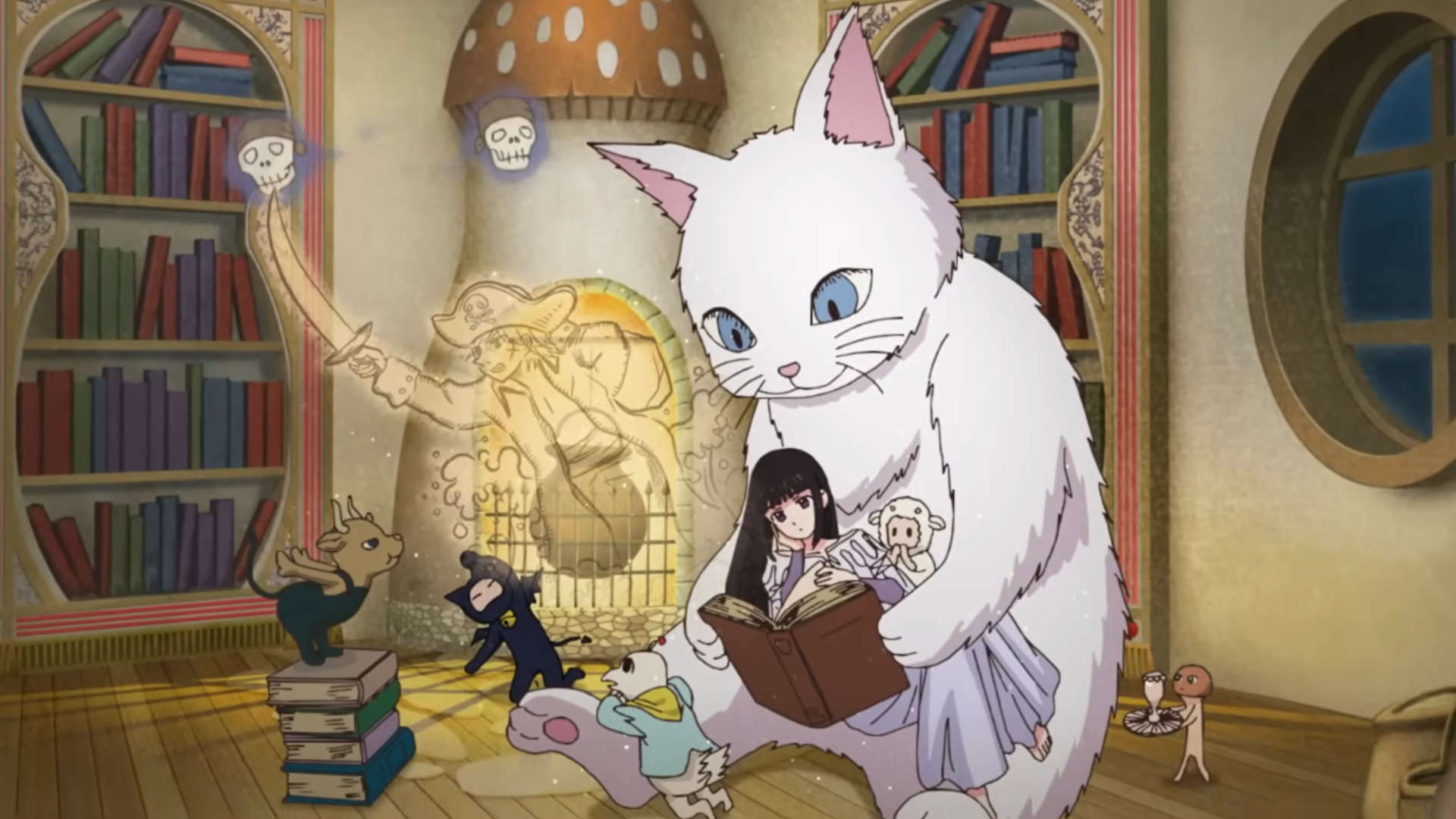 Luna reads a book in the arms of a giant white cat