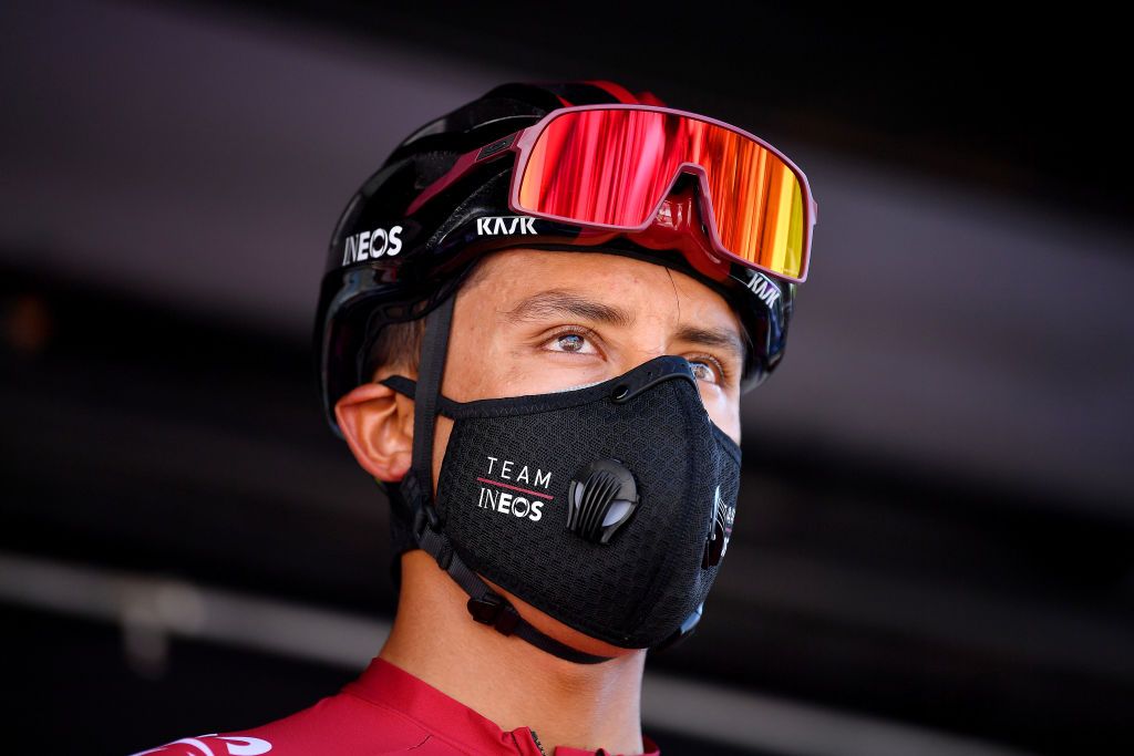 BEZIERS FRANCE AUGUST 01 Start Egan Bernal of Colombia and Team Ineos Covid Safe measures Team Presentation during the 44th La Route dOccitanie La Depeche du Midi 2020 Stage 1 a 187km stage from Saint Affrique to Cazouls ls Bziers RouteOccitanie RDO2020 on August 01 2020 in Beziers France Photo by Justin SetterfieldGetty Images