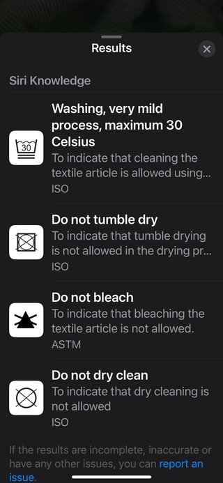 A phone setting screen displaying laundry care options