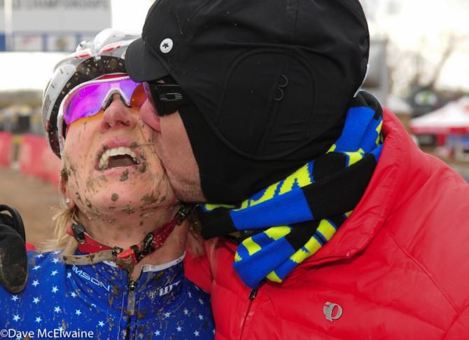 Tim Butler kissing his exhausted wife, Sue Butler (USA)