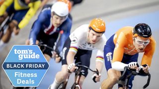 Three men cycling competitively on track with Black Friday deals badge bottom left