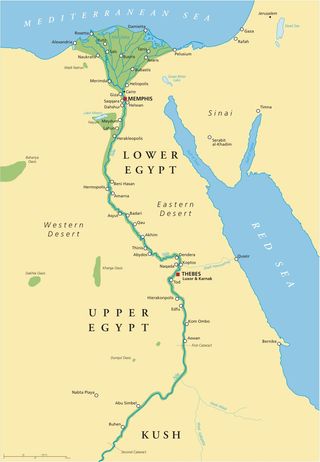 A map of Egypt (land in yellow, water in blue) showing upper and lower egypt.