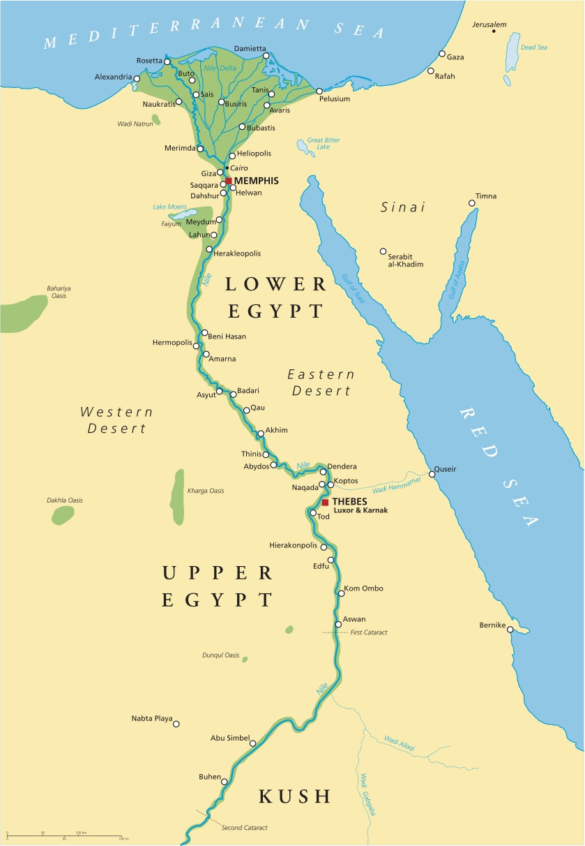 A map of Egypt (land in yellow, water in blue) showing upper and lower egypt.