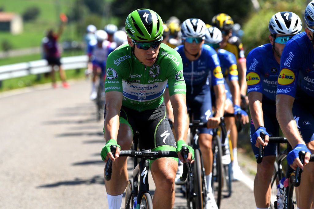 SANTA CRUZ DE BEZANA SPAIN AUGUST 31 Fabio Jakobsen of Netherlands and Team Deceuninck QuickStep Green Points Jersey competes during the 76th Tour of Spain 2021 Stage 16 a 180km stage from Laredo to Santa Cruz de Bezana lavuelta LaVuelta21 on August 31 2021 in Santa Cruz de Bezana Spain Photo by Tim de WaeleGetty Images