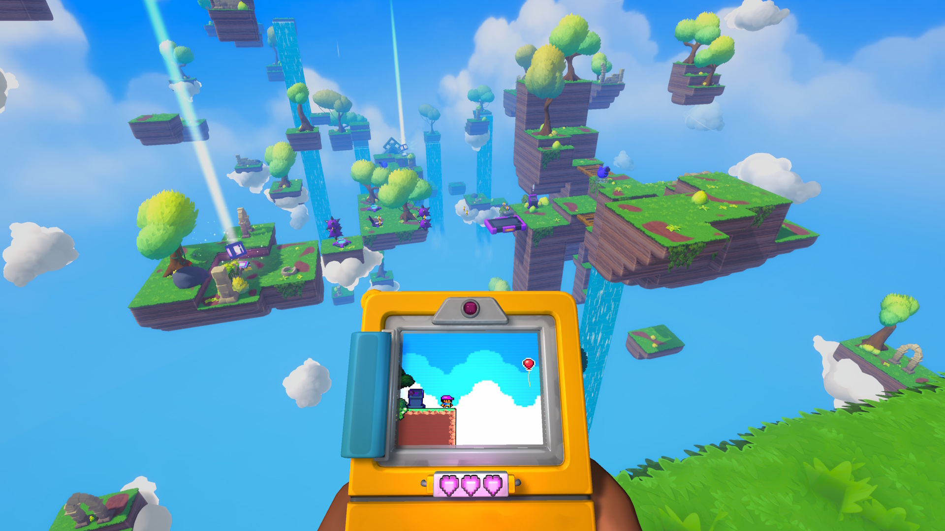Screenbound screenshot showcasing Qboy right in the middle foreground with a 3D background of floating platforms and blue sky