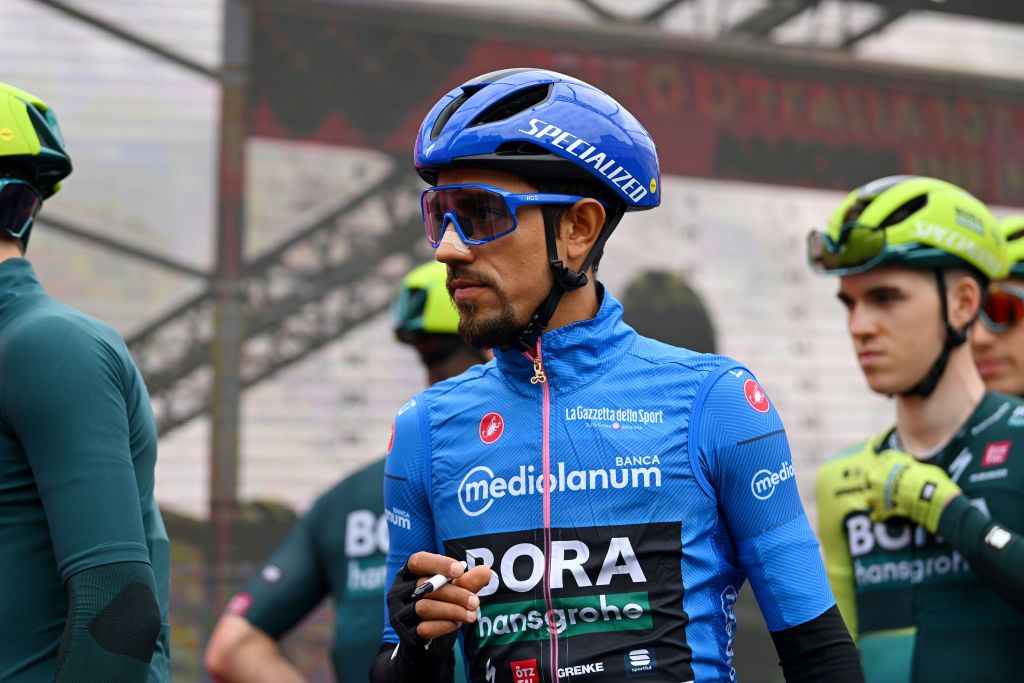 NOVARA ITALY MAY 06 Daniel Martinez of Colombia and Team BORA hansgrohe Blue Mountain Jersey prior to the 107th Giro dItalia 2024 Stage 3 a 166km stage from Novara to Fossano 374m UCIWT on May 06 2024 in Novara Italy Photo by Dario BelingheriGetty Images