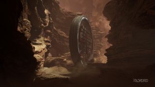 a large circular structure like a giant bicycle wheel stands in a canyon on an alien planet
