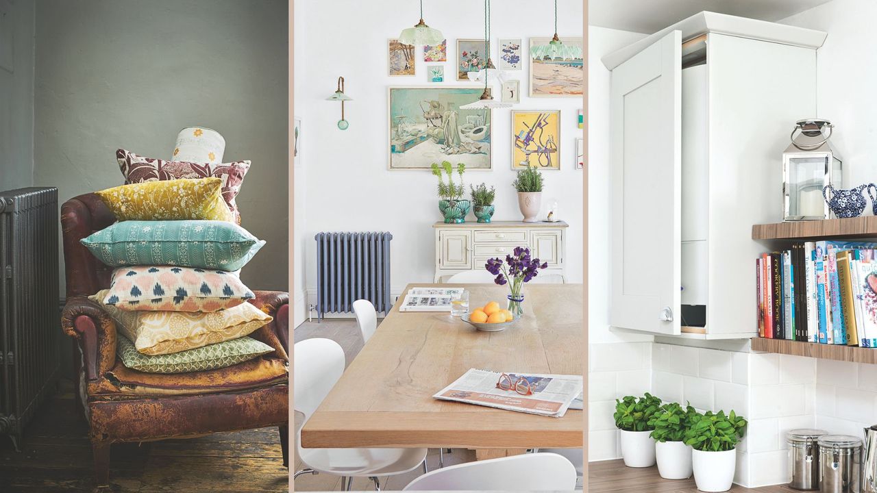 compilation image of a radiator in a living room lights in a dining room and a boiler in a kitchen to support expert tips for saving energy in the home