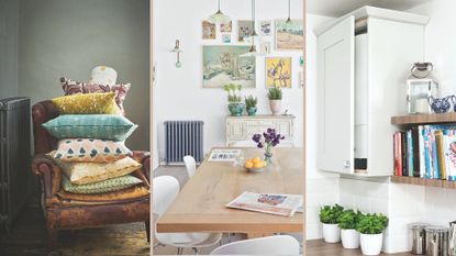 compilation image of a radiator in a living room lights in a dining room and a boiler in a kitchen to support expert tips for saving energy in the home