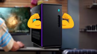 Alienware Aurora R16 PC with emoji arms and blurred backdrop