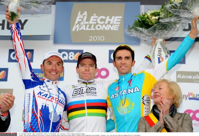 Cadel Evans on the top step of the 2010 La Fl&egrave;che Wallonne podium