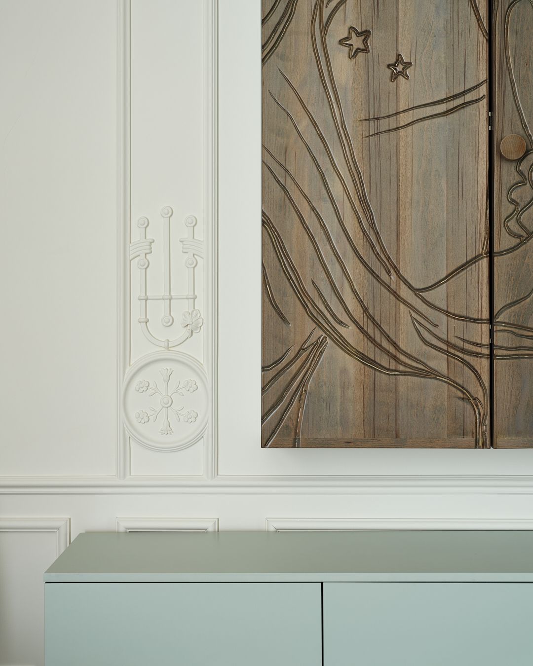 A closeup of a wooden tv unit