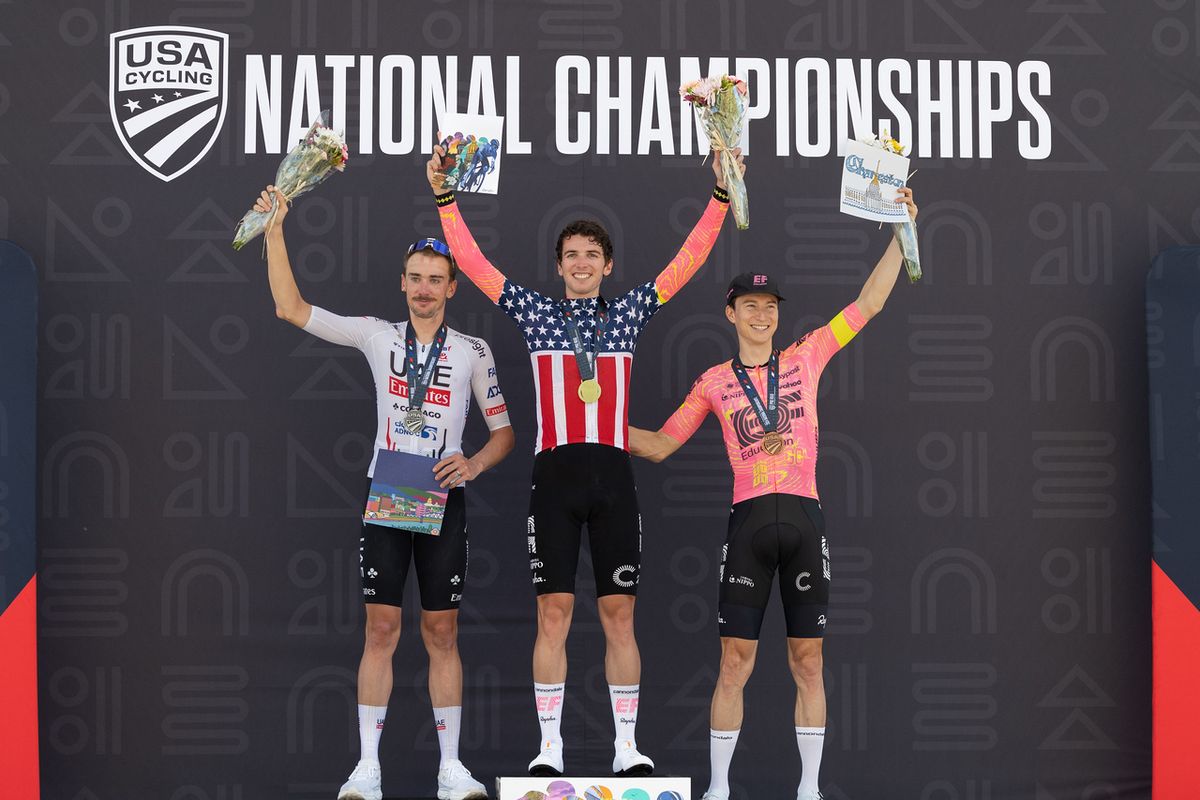 Men's Elite Podium - Brandon McNulty (UAE Team Emirates) second place, winner Sean Quinn (EF Education-Easypost) and Neilson Powless (EF Education-Easypost) third