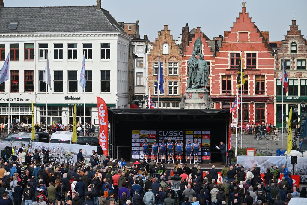 BRUGGE BELGIUM MARCH 20 A general view of Tim Merlier of Belgium Ayco Bastiaens of Belgium Gil Gelders of Belgium Luke Lamperti of The United States Bert Van Lerberghe of Belgium Warre Vangheluwe of Belgium Jordi Warlop of Belgium and Team SoudalQuick Step prior to the 48th Classic BruggeDe Panne 2024 Mens Elite a 1989km one day race from Brugge to De Panne UCIWT on March 20 2024 in Brugge Belgium Photo by Luc ClaessenGetty Images