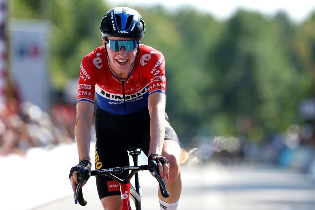 LANDGRAAF NETHERLANDS SEPTEMBER 02 Riejanne Markus of Netherlands and Jumbo Visma Team celebrates at finish line as stage winner during the 25th Simac Ladies Tour 2022 Stage 4 a 1352km stage from Landgraaf to Landgraaf SLT2022 UCIWWT on September 02 2022 in Landgraaf Netherlands Photo by Bas CzerwinskiGetty Images